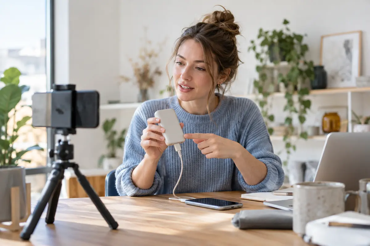 Illustrative scene of a creator demonstrating a portable charging device on camera